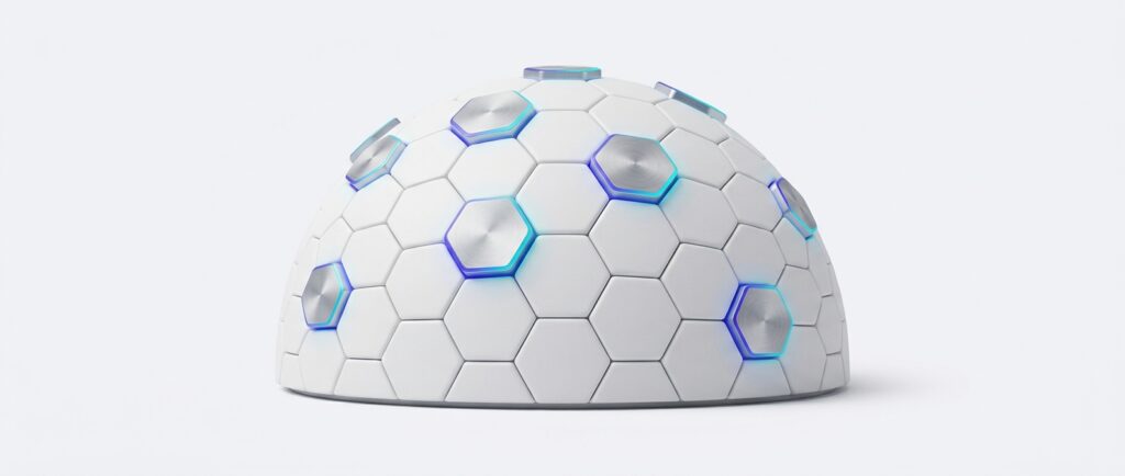 A white ceramic hemisphere covered in small hexagonal tiles, a few raised tiles in brushed aluminium lit from below in indigo and cyan, on a light grey background.
