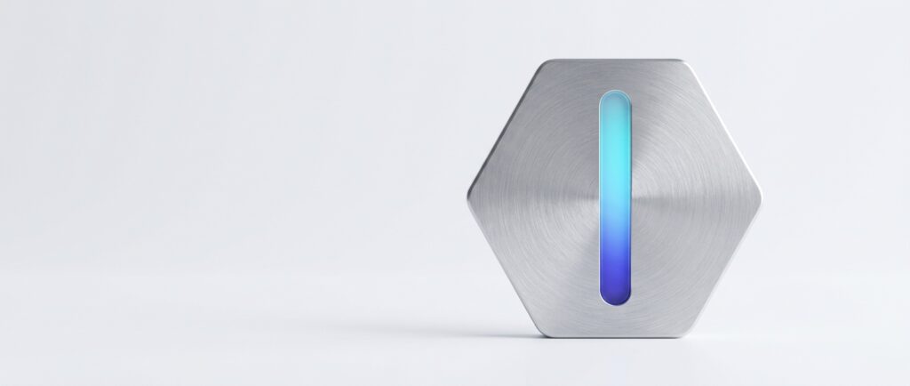 Brushed aluminium hexagon with a narrow frosted glass window glowing indigo to cyan, on a light grey backdrop