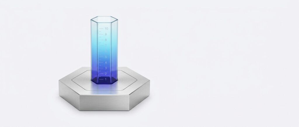 Brushed aluminium hexagonal block with a narrow glass column rising from its centre, lit in indigo to cyan, on a flat light grey backdrop