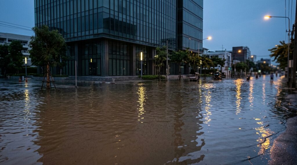 Flooded street in front of an office building in Bangkok, lights off inside