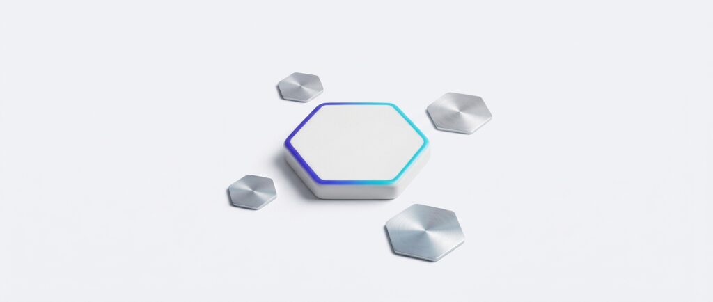 A white ceramic hexagonal clock face without hands or numerals, with 4 small brushed aluminium hexagons around it, lit by indigo to cyan accent light on a pale grey background.