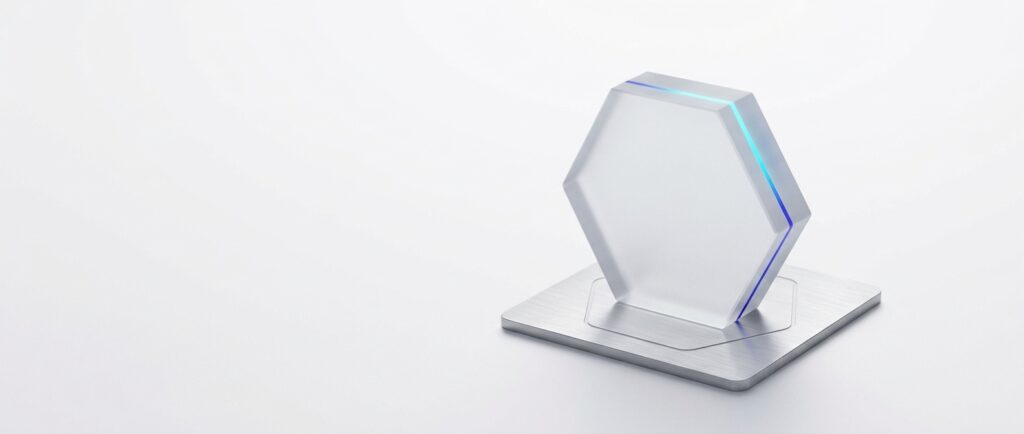 Frosted glass hexagon on a thin brushed aluminium base with an indigo to cyan light line along its edge, on a light grey backdrop