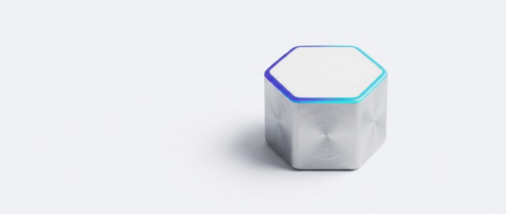 A brushed aluminium hexagonal server block with a white ceramic top plate and a thin indigo to cyan light seam, on a light grey background.